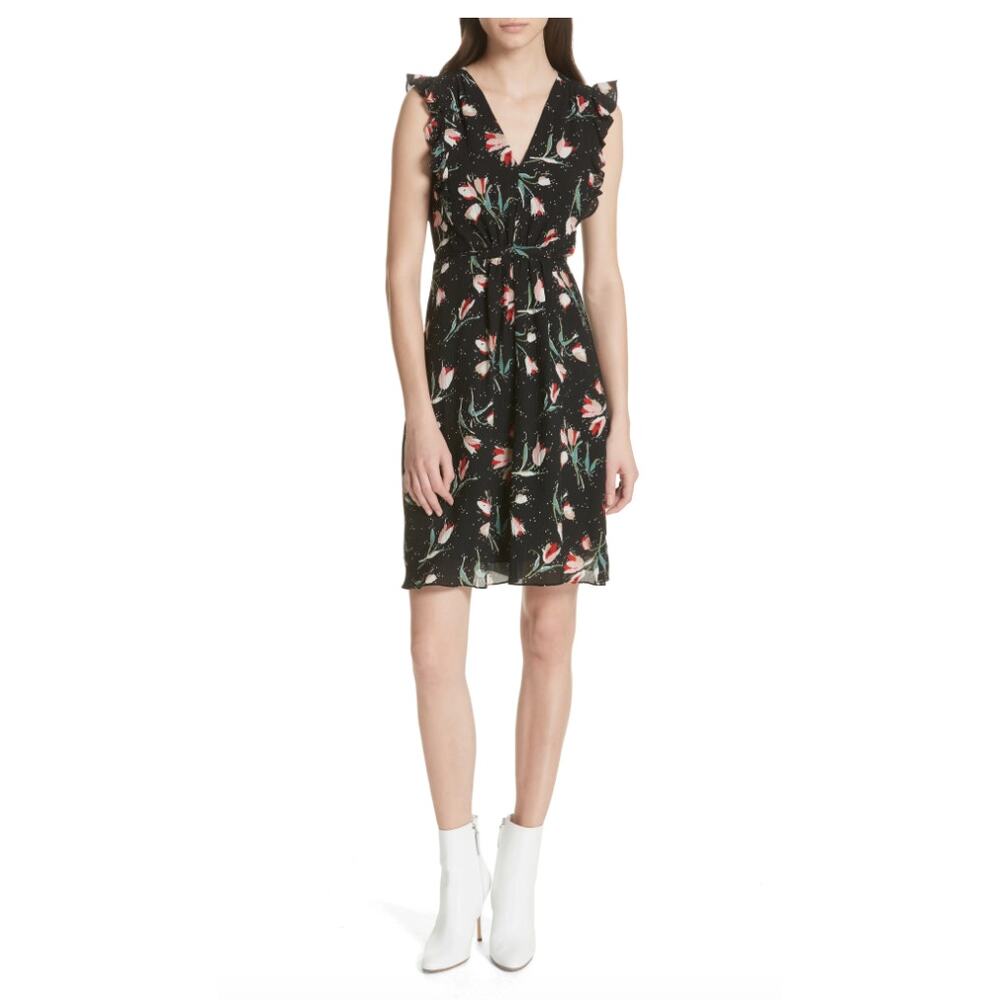 Rebecca Taylor Silk Ikat Tulip Dress Black size 4 Tie Belt Ruffled Sleeves